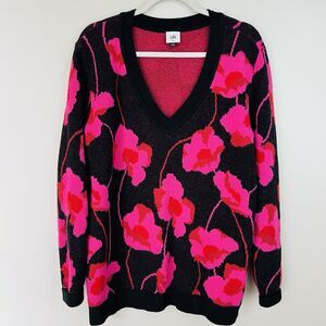 CAbi Rococo Pink & Black Floral Peony V Neck Comfy Pullover Sweater Size Medium